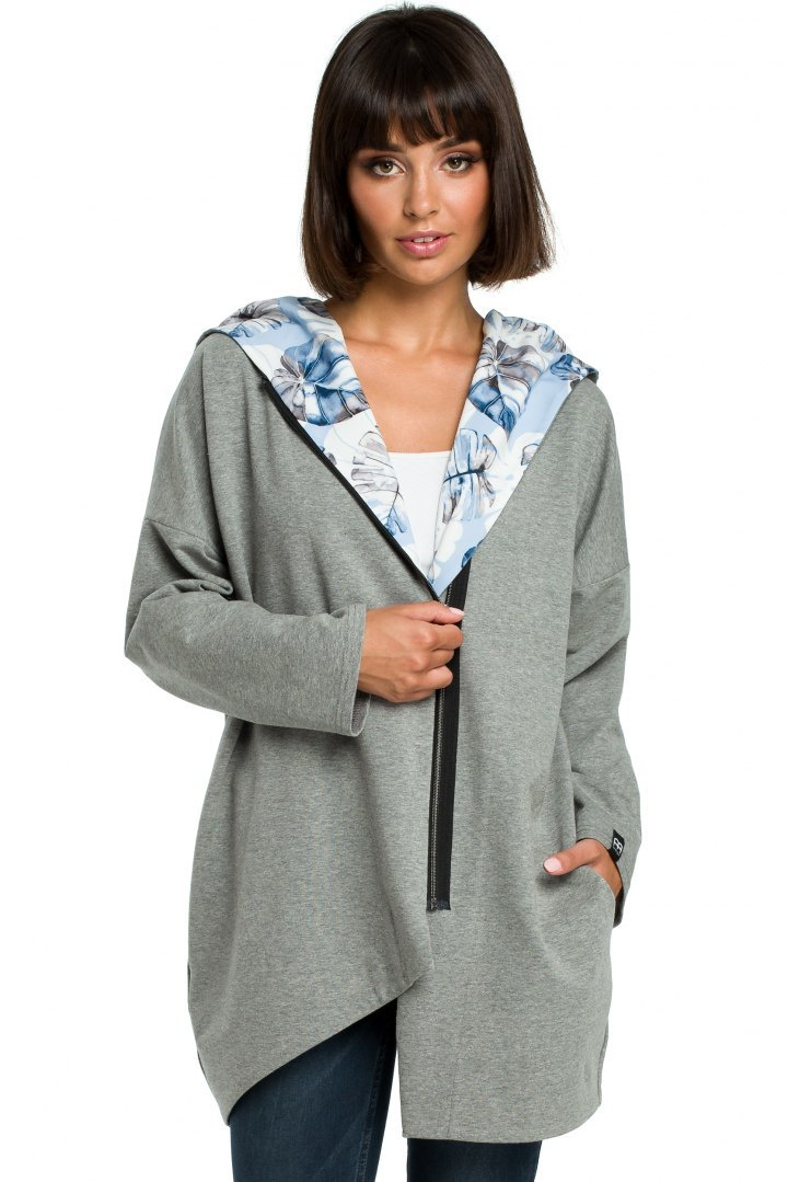 Bluza damska oversize z kapturem rozpinana na skos szara B091 Bluza damska oversize z kapturem rozpinana na skos szara B091