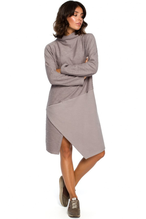 Sukienka midi oversize z wysokim dekoltem długi rękaw szara B098 Sukienka midi oversize z wysokim dekoltem długi rękaw szara B098