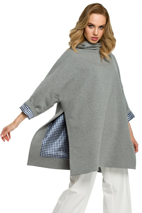 Bluza damska oversize z wysokim kołnierzem rękaw 7/8 szara me392 Bluza damska oversize z wysokim kołnierzem rękaw 7/8 szara me392