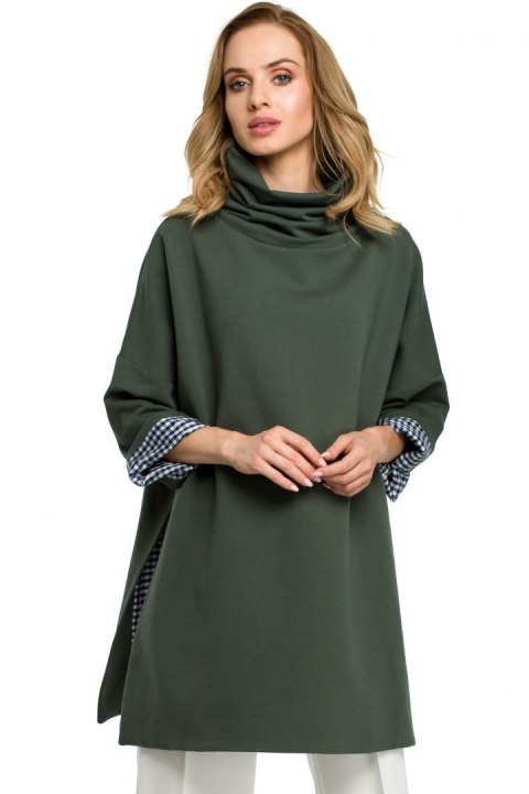 Bluza damska oversize z wysokim kołnierzem rękaw 7/8 zielona me392 Bluza damska oversize z wysokim kołnierzem rękaw 7/8 zielona me392