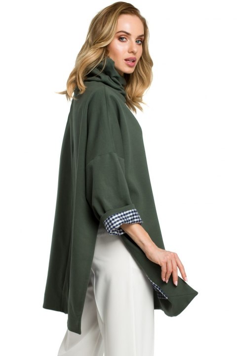 Bluza damska oversize z wysokim kołnierzem rękaw 7/8 zielona me392 Bluza damska oversize z wysokim kołnierzem rękaw 7/8 zielona me392