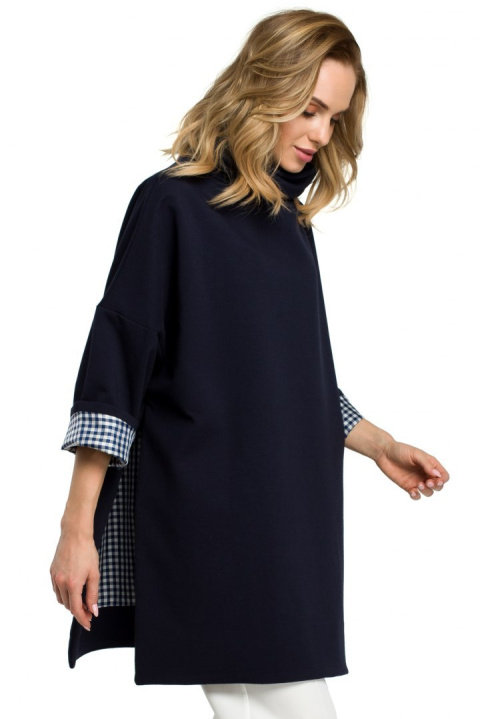 Bluza damska oversize z wysokim kołnierzem rękaw 7/8 granatowa me392 Bluza damska oversize z wysokim kołnierzem rękaw 7/8 granatowa me392