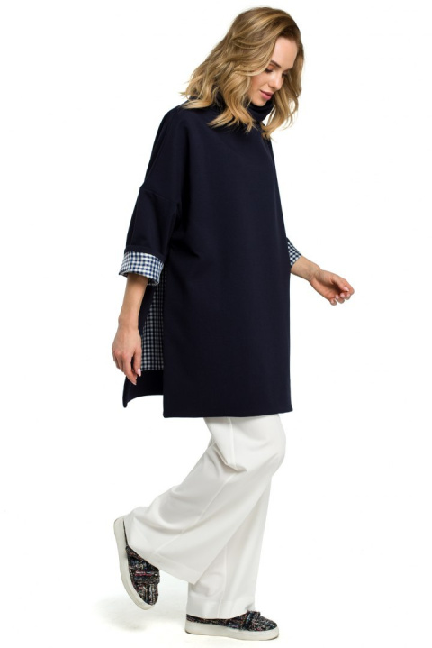 Bluza damska oversize z wysokim kołnierzem rękaw 7/8 granatowa me392 Bluza damska oversize z wysokim kołnierzem rękaw 7/8 granatowa me392