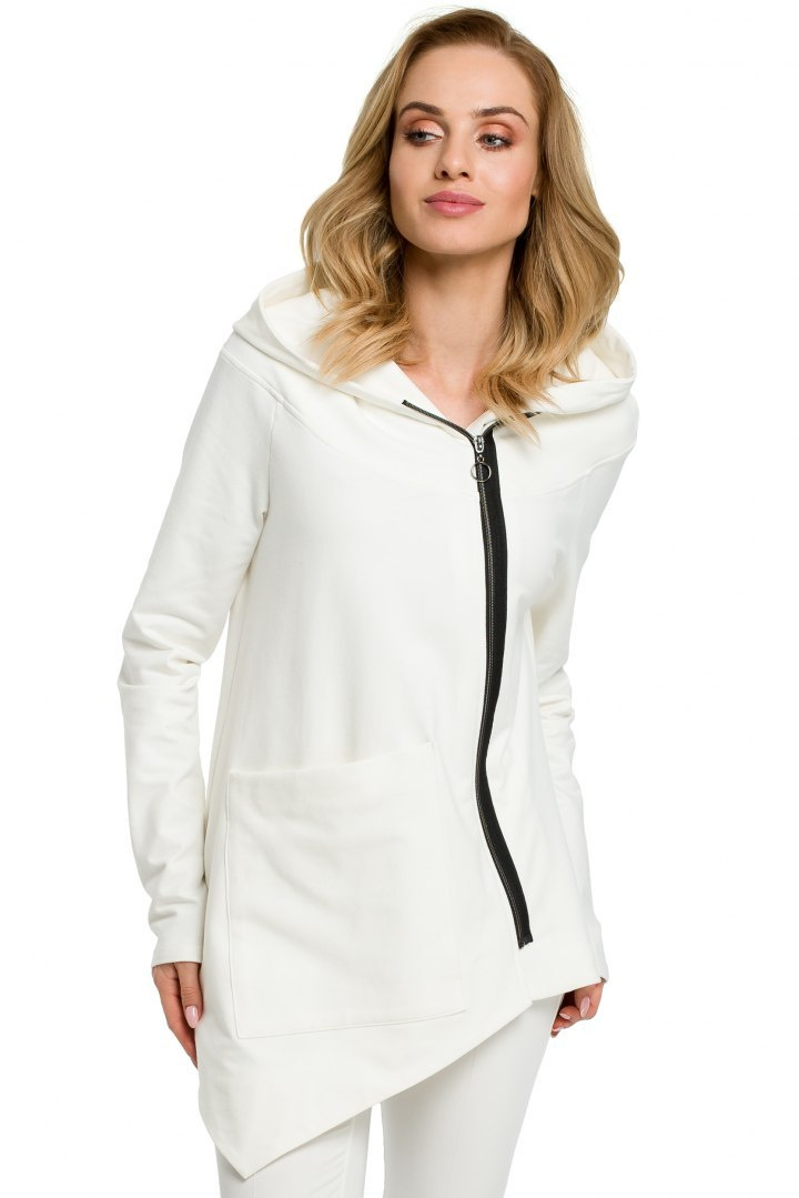 Bluza damska asymetryczna z kapturem zapinana na zamek ecru me390 Bluza damska asymetryczna z kapturem zapinana na zamek ecru me390