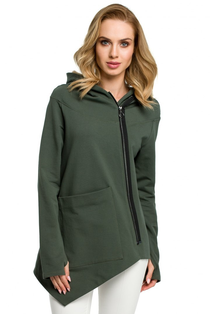 Bluza damska asymetryczna z kapturem zapinana na zamek zielona me390 Bluza damska asymetryczna z kapturem zapinana na zamek zielona me390