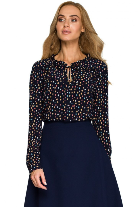 Bluzka damska boho z nadrukiem i wiązaniem długi rękaw granatowa S134 Bluzka damska boho z nadrukiem i wiązaniem długi rękaw granatowa S134