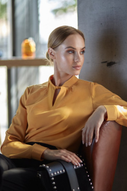 Gładka bluzka damska luźna ze stójką i długim rękawem żółta S126