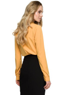 Gładka bluzka damska luźna ze stójką i długim rękawem żółta S126