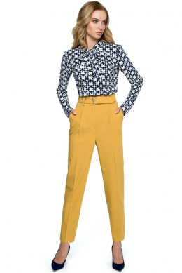 Spodnie damskie w kant z wysokim stanem i paskiem żółte S124