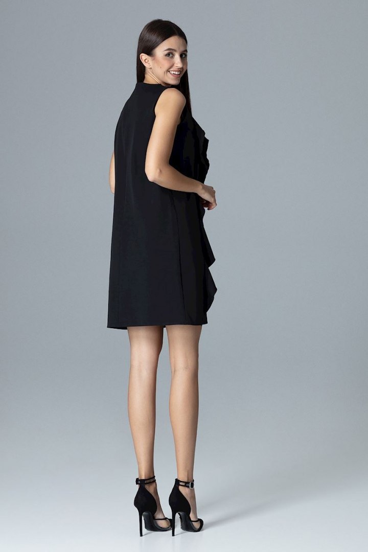 Sukienka trapezowa mini bez rękawów z falbankami czarna M622