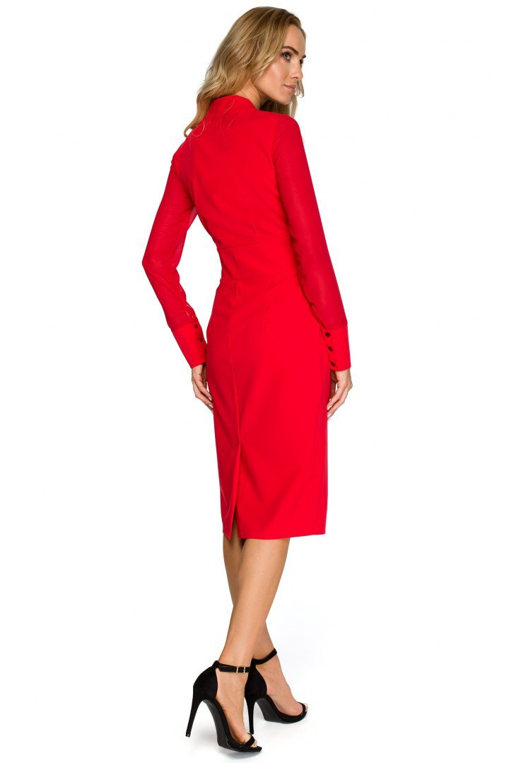 Sukienka ołówkowa midi z długim rękawem i dekoltem V czerwona S136