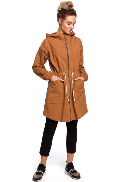 Długa bluza damska parka oversize z zamkiem i kapturem karmelowa me416 Długa bluza damska parka oversize z zamkiem i kapturem karmelowa me416