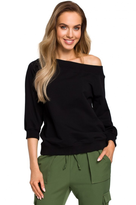 Bluza damska z opadającym ramieniem i rękawem 7/8 czarna me412 Bluza damska z opadającym ramieniem i rękawem 7/8 czarna me412