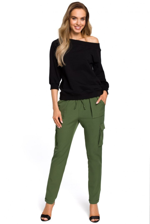 Bluza damska z opadającym ramieniem i rękawem 7/8 czarna me412 Bluza damska z opadającym ramieniem i rękawem 7/8 czarna me412