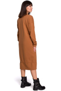 Sukienka dresowa maxi z tunelem na dole długi rękaw karmelowa B100