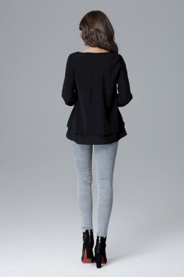 Luźna bluzka damska z falbanką i długim rękawem czarna L020