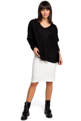 Luźny sweter damski oversize z kieszenią i dekoltem V czarny BK018