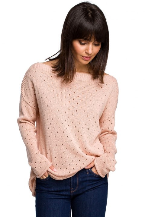 Luźny sweter damski z oczkami przewiewny brzoskwiniowy BK019 Luźny sweter damski z oczkami przewiewny brzoskwiniowy BK019