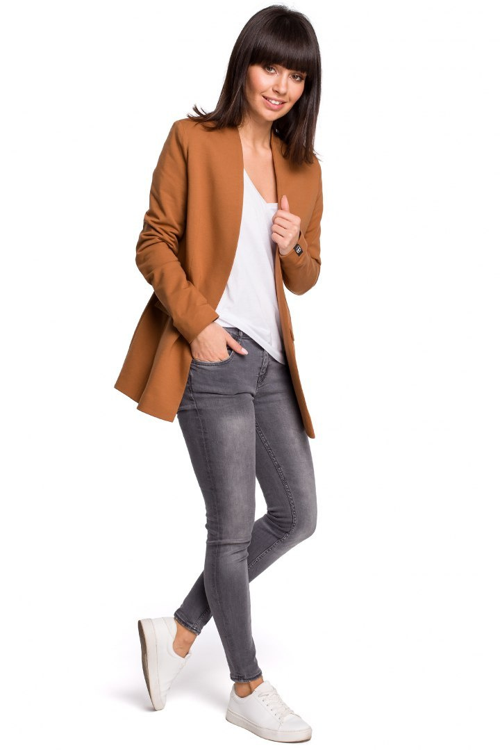 Żakiet damski Plus Size dzianinowy bez zapięcia karmelowy B103 Żakiet damski Plus Size dzianinowy bez zapięcia karmelowy B103