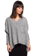 Luźny sweter damski oversize z kieszenią i dekoltem V szary BK018