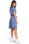 Sukienka koszulowa midi szmizjerka z paskiem niebieska B111
