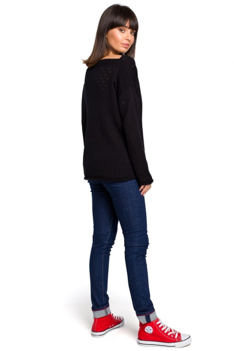 Luźny sweter damski z oczkami przewiewny czarny BK019 Luźny sweter damski z oczkami przewiewny czarny BK019