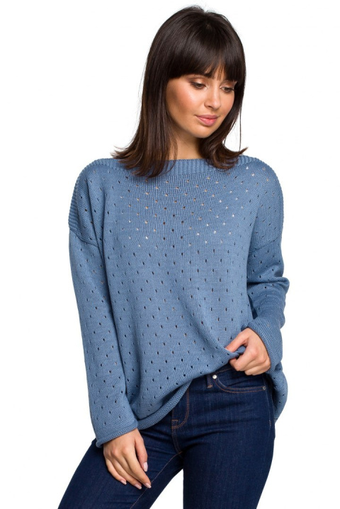 Luźny sweter damski z oczkami przewiewny niebieski BK019 Luźny sweter damski z oczkami przewiewny niebieski BK019