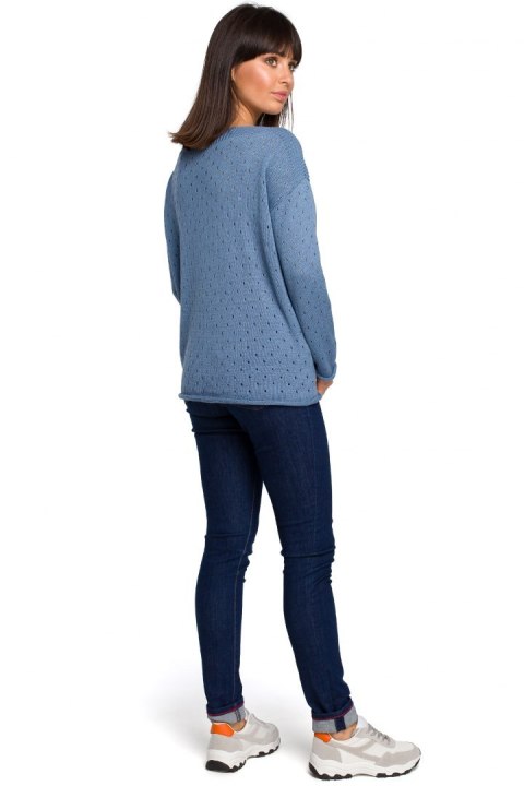 Luźny sweter damski z oczkami przewiewny niebieski BK019 Luźny sweter damski z oczkami przewiewny niebieski BK019