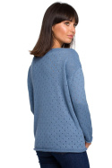 Luźny sweter damski z oczkami przewiewny niebieski BK019