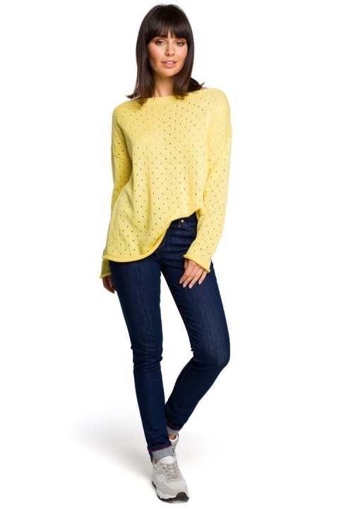 Luźny sweter damski z oczkami przewiewny żółty BK019 Luźny sweter damski z oczkami przewiewny żółty BK019