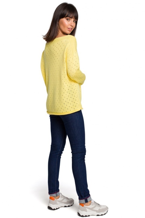 Luźny sweter damski z oczkami przewiewny żółty BK019 Luźny sweter damski z oczkami przewiewny żółty BK019