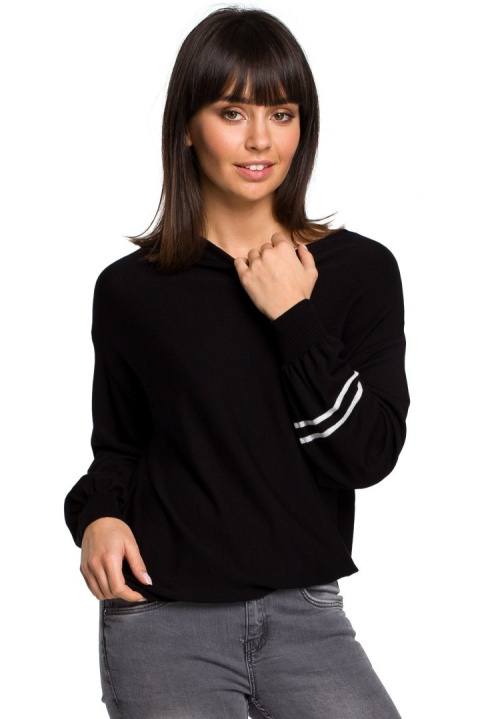 Sweter damski nietoperz z wiskozy z bufiastymi rękawami czarny BK024 Sweter damski nietoperz z wiskozy z bufiastymi rękawami czarny BK024