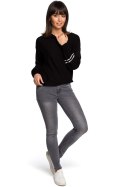 Sweter damski nietoperz z wiskozy z bufiastymi rękawami czarny BK024