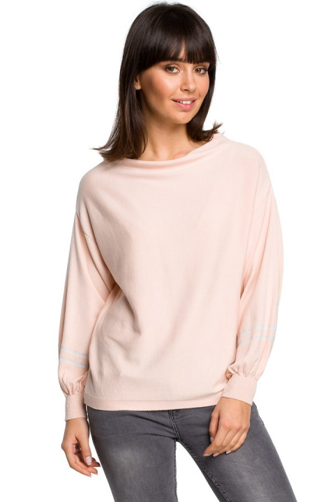 Sweter damski nietoperz z wiskozy z bufiastymi rękawami brzoskwiniowy BK024 Sweter damski nietoperz z wiskozy z bufiastymi rękawami brzoskwiniowy BK024