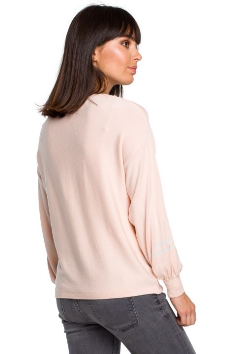 Sweter damski nietoperz z wiskozy z bufiastymi rękawami brzoskwiniowy BK024 Sweter damski nietoperz z wiskozy z bufiastymi rękawami brzoskwiniowy BK024