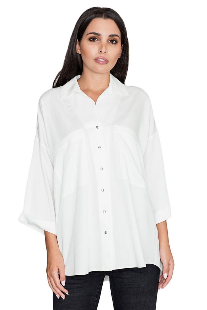 Luźna koszula damska oversize z wiskozy z rękawem 3/4 ecru M583 Luźna koszula damska oversize z wiskozy z rękawem 3/4 ecru M583