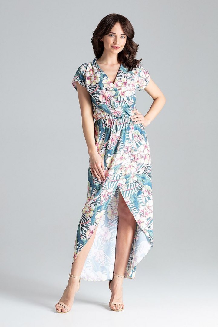 Sukienka maxi z kimonowym rękawem gumką i dekoltem V w kwiaty L033