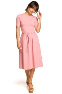 Letnia sukienka rozkloszowana dopasowana góra krótki rękaw różowa B120
