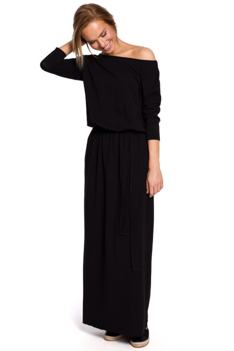 Luźna sukienka maxi z rękawem 7/8 wiązana paskiem czarna me435 Luźna sukienka maxi z rękawem 7/8 wiązana paskiem czarna me435