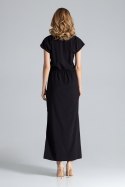Zwiewna sukienka maxi z gumką w pasie i dekoltem V czarna M668