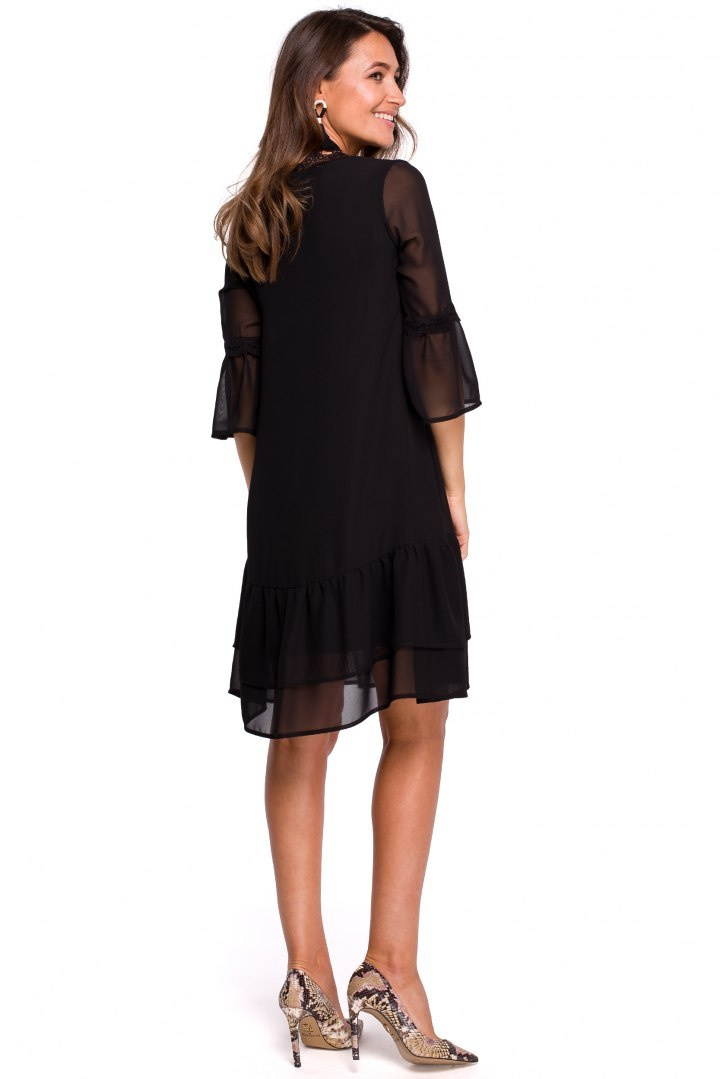 Sukienka rozkloszowana szyfonowa midi z falbanami czarna S160