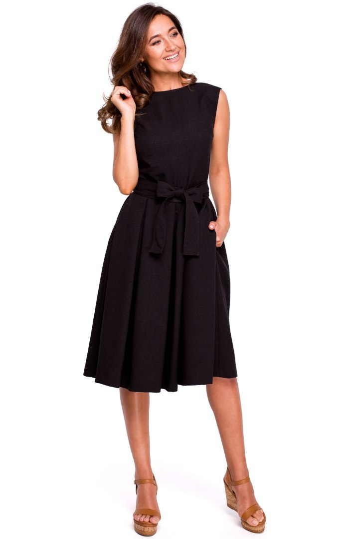 Elegancka sukienka rozkloszowana midi letnia bez rękawów czarna S161