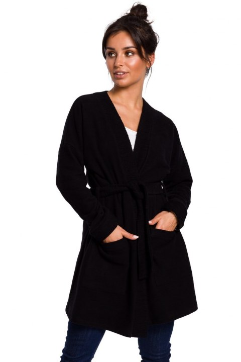Długi żakiet damski bez zapięcia z wiązaniem kimono czarny B121 Długi żakiet damski bez zapięcia z wiązaniem kimono czarny B121