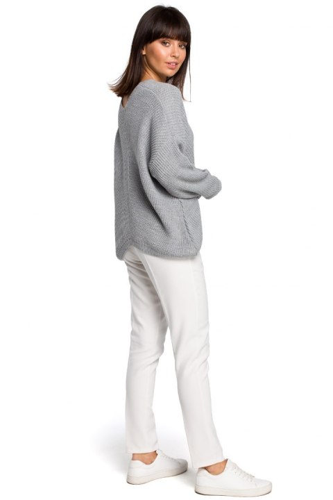 Sweter damski asymetryczny z dekoltem w serek szary BK026 Sweter damski asymetryczny z dekoltem w serek szary BK026