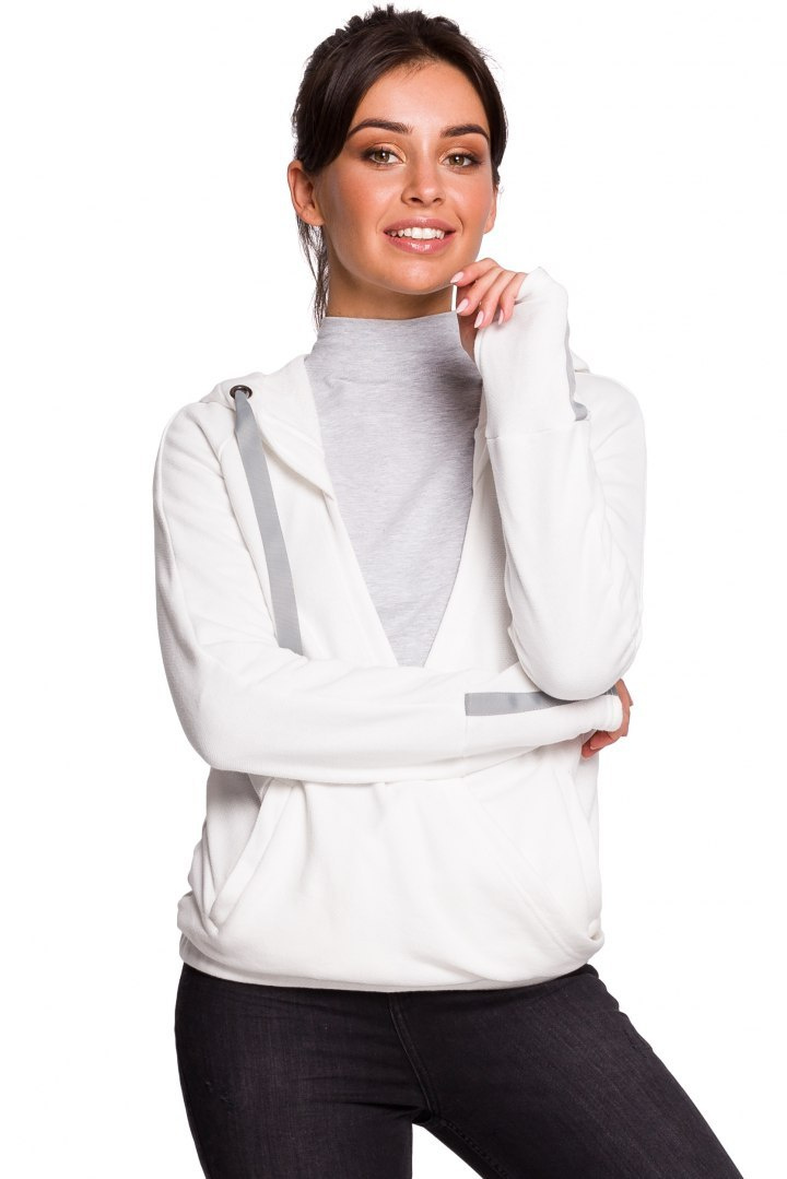 Sportowa bluza damska z kapturem i kopertowym przodem ecru B127 Sportowa bluza damska z kapturem i kopertowym przodem ecru B127