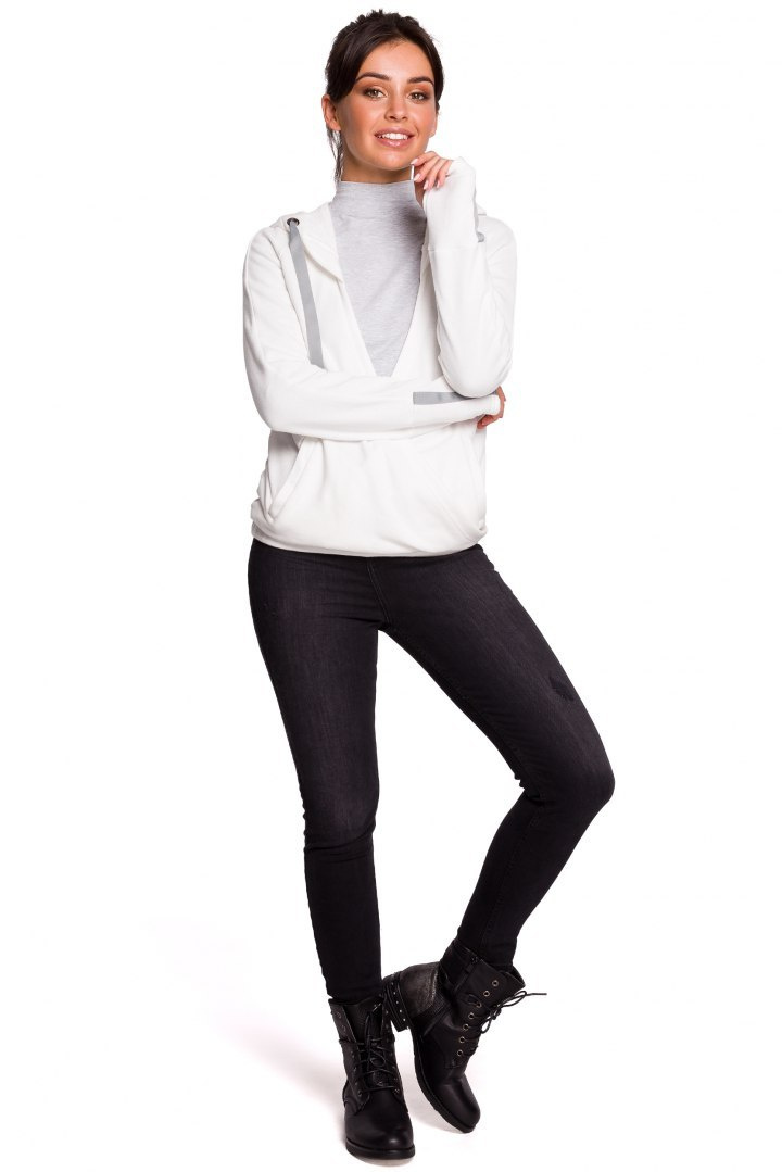 Sportowa bluza damska z kapturem i kopertowym przodem ecru B127 Sportowa bluza damska z kapturem i kopertowym przodem ecru B127