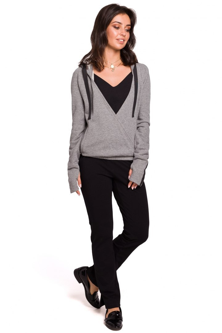 Sportowa bluza damska z kapturem i kopertowym przodem szara B127 Sportowa bluza damska z kapturem i kopertowym przodem szara B127