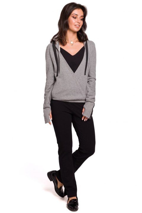 Sportowa bluza damska z kapturem i kopertowym przodem szara B127 Sportowa bluza damska z kapturem i kopertowym przodem szara B127