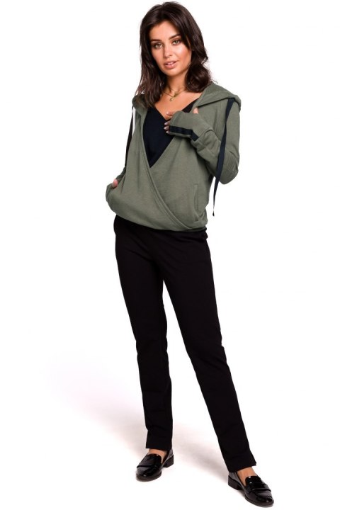 Sportowa bluza damska z kapturem i kopertowym przodem khaki B127 Sportowa bluza damska z kapturem i kopertowym przodem khaki B127