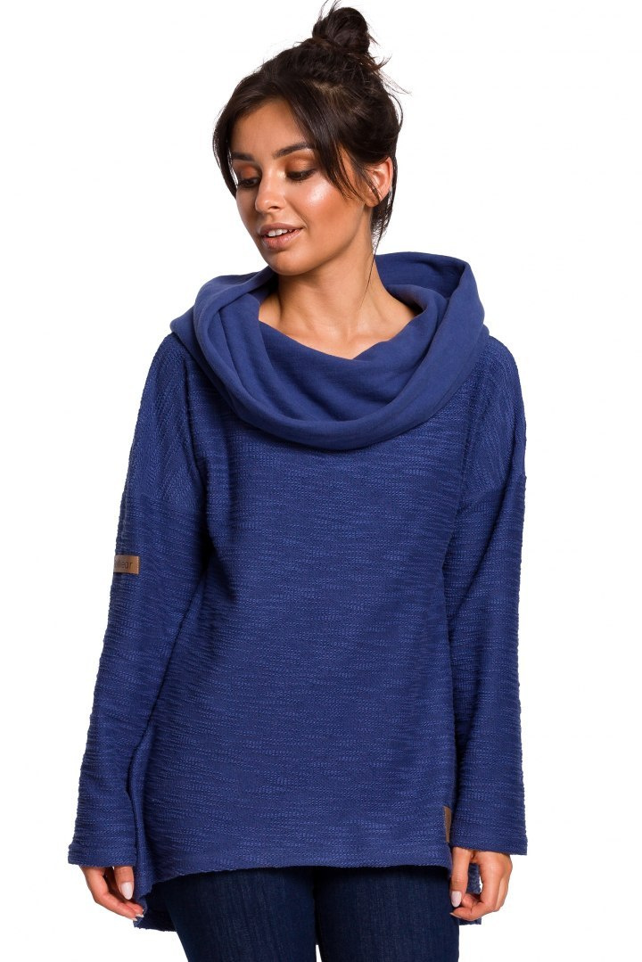 Bluza damska trapezowa z kapturem i kołnierzem dzianina indygo B131 Bluza damska trapezowa z kapturem i kołnierzem dzianina indygo B131